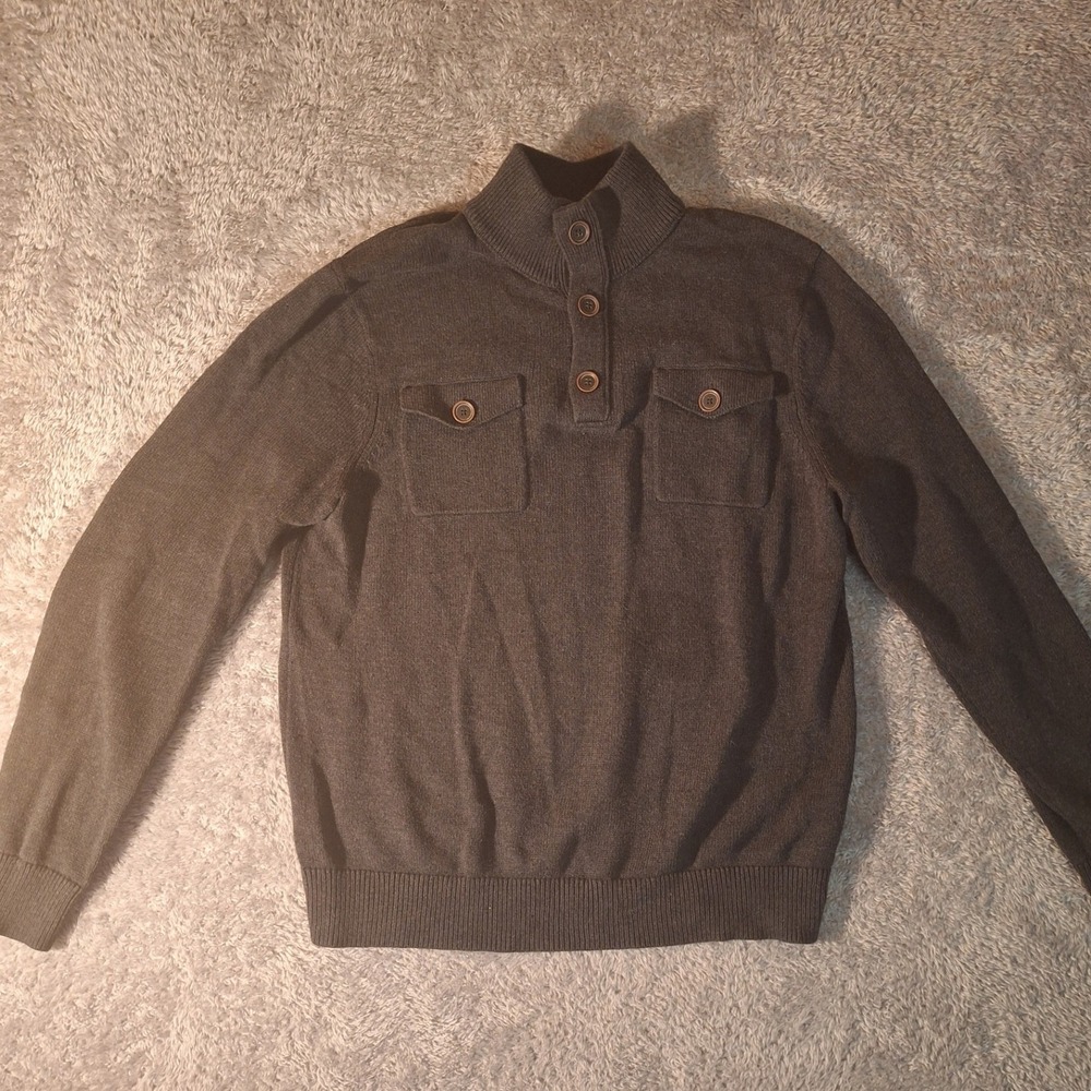 Banana Republic Mens High Ribbed Sweater Large Mock Neck Gray Pocket 3-Button - Picture 1 of 8